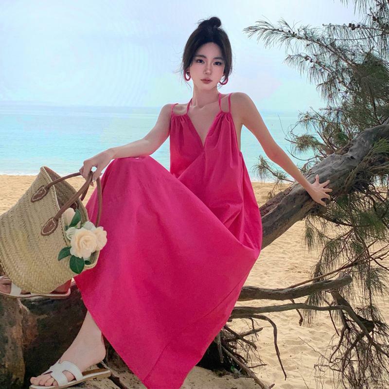 Gaun tali leher gantung gaya Prancis, rok panjang punggung terbuka merah mawar, Gaun tali gantungan teh liburan pantai baru musim panas 2024