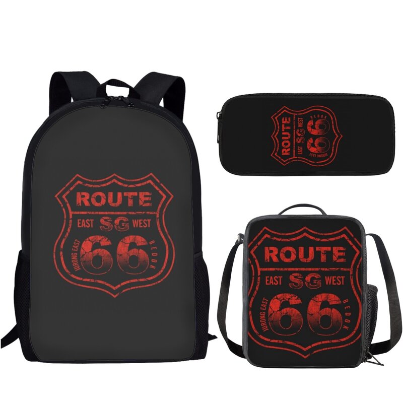 American Route 66 Print 3Pcs School Bag Set for Girls Boys Kids Student Daily Casual Storage Backpack with Lunch Bag Pencil Bag