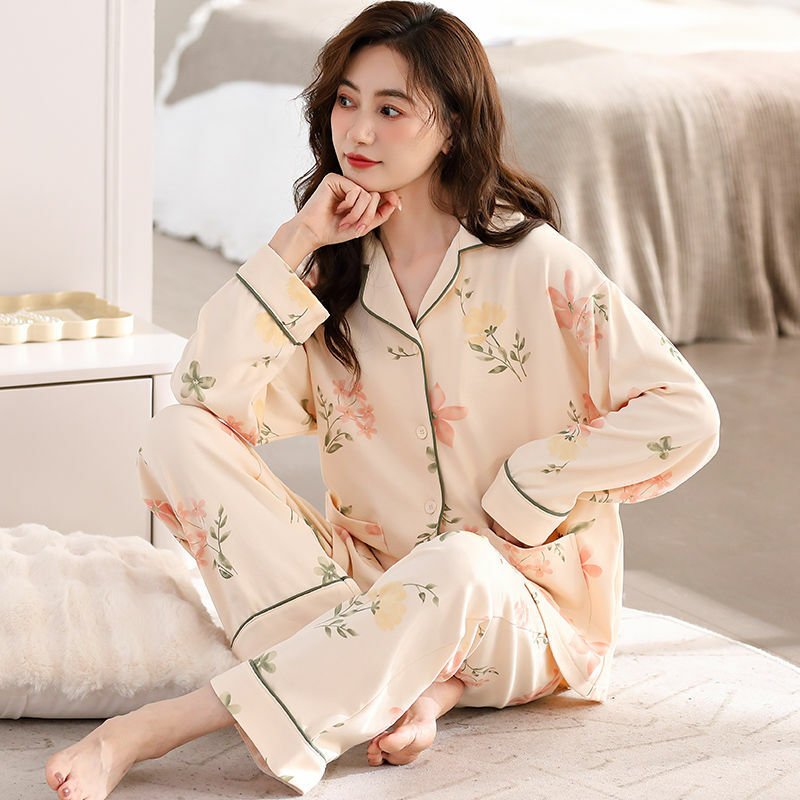Pakaian tidur wanita, set piyama katun lengan panjang celana piyama Korea bercetak Lapel kelas atas musim semi musim gugur