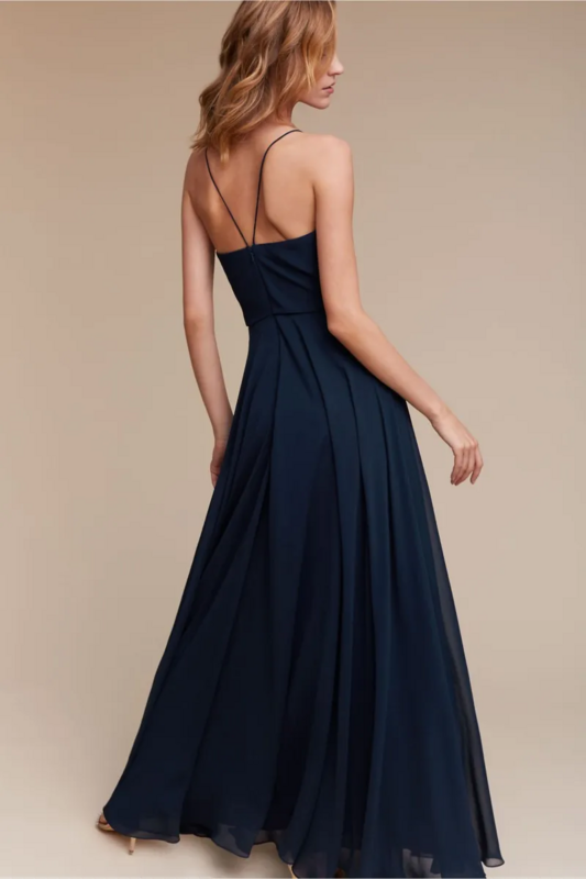 Exquisite V-Neck Spaghetti Strap Prom Dresses Long Simple Design Dark Navy Cocktail Dress Sexy Back A line Evening Gowns
