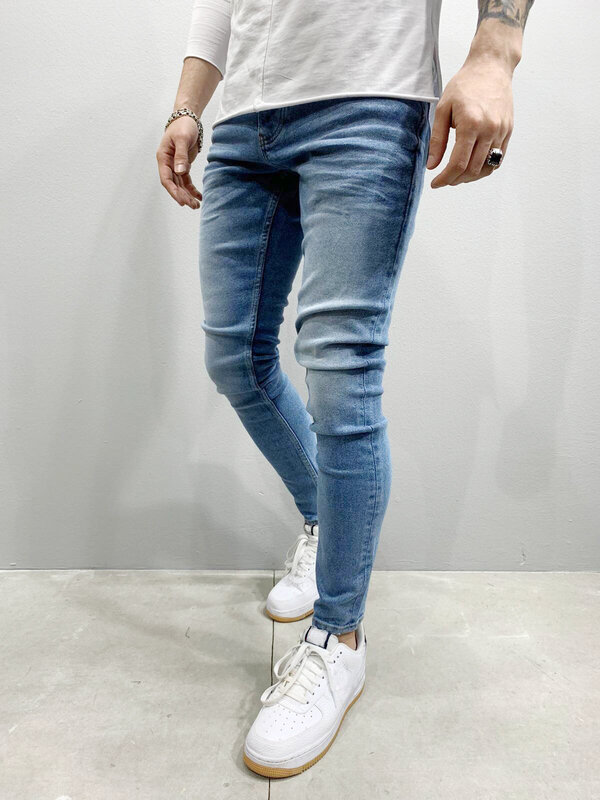 Męska spodnie jeansowe ołówkowe pochwa jeansowa do kostek prania solidnych Slim Fit kieszeni lekko średnio wysoka talia główna ulica 2024
