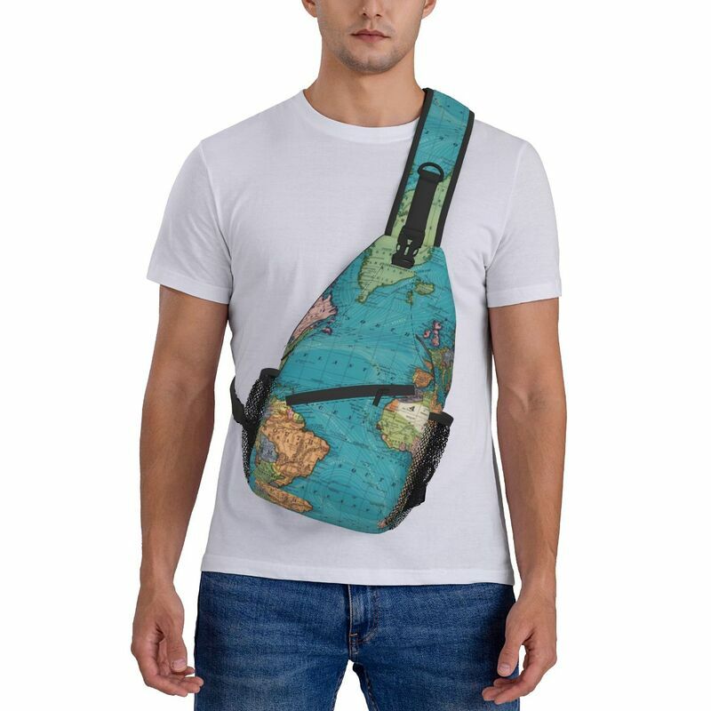 Vintage mapa do mundo estilingue crossbody peito saco masculino casual mochila de ombro para caminhadas