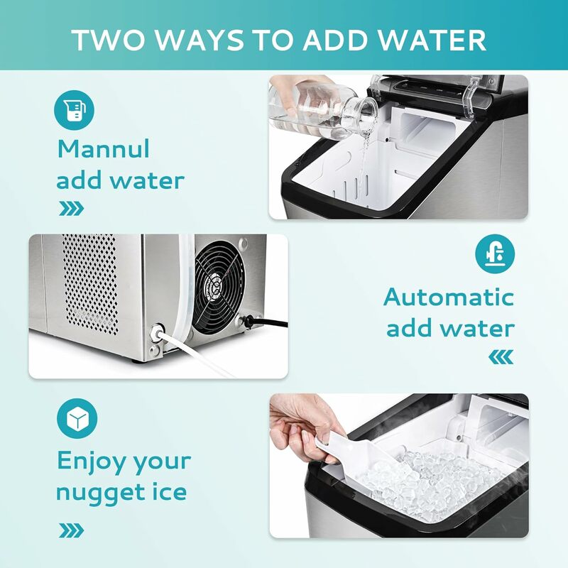 Nugget meja pembuat es, maks 34lbs/hari, isi ulang air 2 arah, mesin pembuat es batu kerikil pembersih diri dengan waduk 3Qt