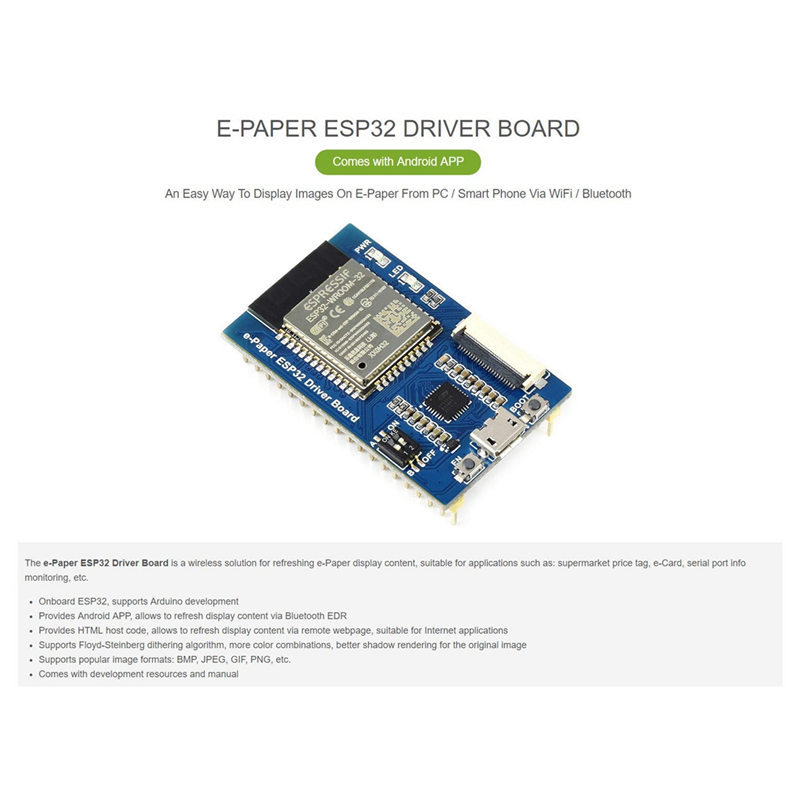 Waveshare Universal E-Paper Driver Board with WiFi Bluetooth SoC ESP32 Onboard Supports Various SPI E-Paper Raw Panels
