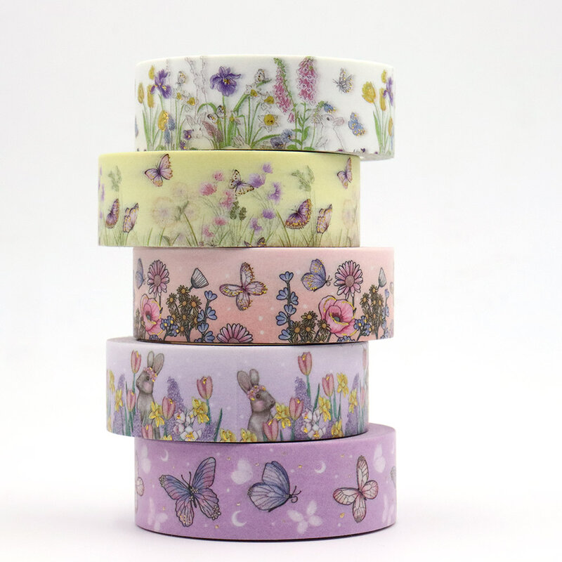 Nieuwe 1Pc 15Mm * 10M Gold Folie Lente Bloemen Valentijnsdag Liefde Rose Paaseieren Rabits Kleurrijke tape Washi Tapes Kantoorbenodigdheden