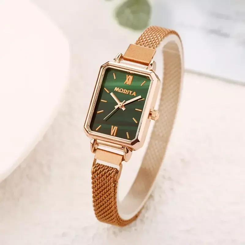 2024 Nowe zegarki damskie Moda Kwadratowy damski zegarek kwarcowy Pasek magnetyczny Zielona tarcza Prosta siatka w kolorze różowego złota Luksusowe zegarki damskie