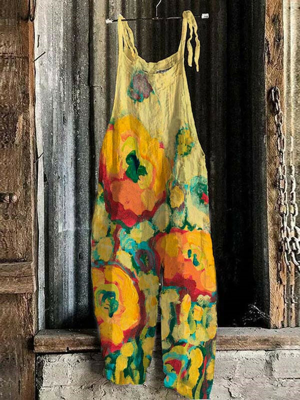 ชุดรอมเปอร์หลวมลายดอกไม้สดใสเล็กๆสำหรับผู้หญิงใส่ในฤดูร้อนชุดเอี๊ยมพิมพ์ลาย3D เก๋ไก๋สไตล์โบฮีเมียน
