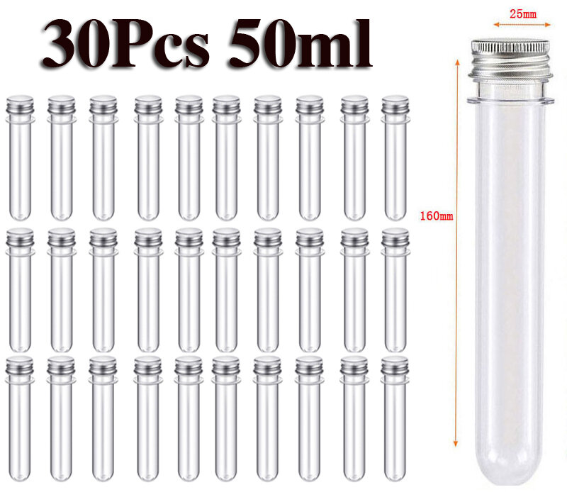 30Pcs Lab 50ml PET Test Tube Bottle Transparent Cylindrical Plastic Refillable Bottle For Mask Candy Data Line 25*160mm