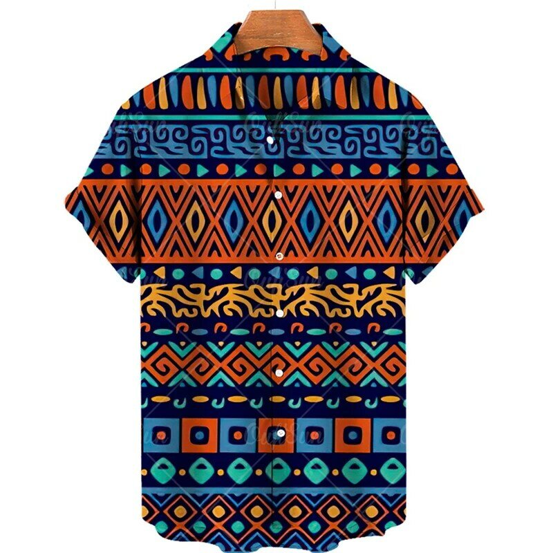 Мужская блузка в полоску в этническом стиле, Летние Гавайские пляжные рубашки, дорожная мужская Свободная рубашка с коротким рукавом