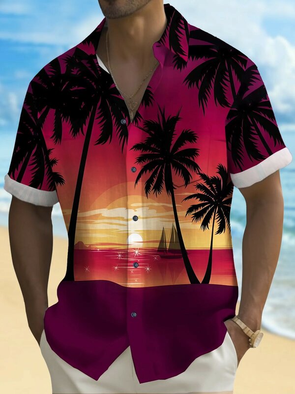 남성용 여름 휴양지 하와이안 3D 프린트 셔츠, 단추 업 반팔 티셔츠, 패션 비치 셔츠, 바캉스 데일리 웨어 셔츠