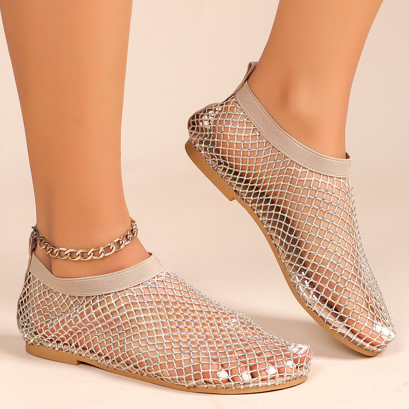 New Women's Luxury Brand Round Toe Flat Bottom Sandals Summer Hollow Short Boots Water Diamond Sexy Flat Bottom Shoes for Women