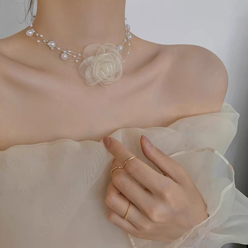 Gargantilha de pérolas romântica para mulheres, colar de camélia, corrente de clavícula com flores preto e branco, festa de casamento, 1pc