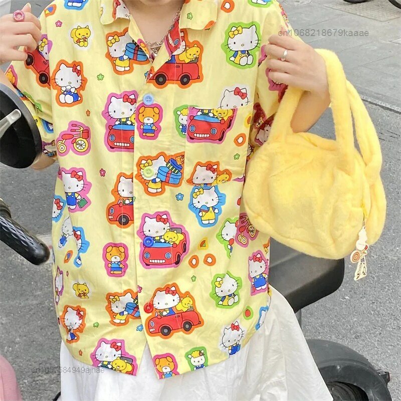 Sanrio Hello Kitty เสื้อผ้าหน้าร้อนสีเหลือง Vintage เสื้อแฟชั่นแขนสั้นเสื้อผู้หญิงลำลองเสื้อ Y2k เสื้อ