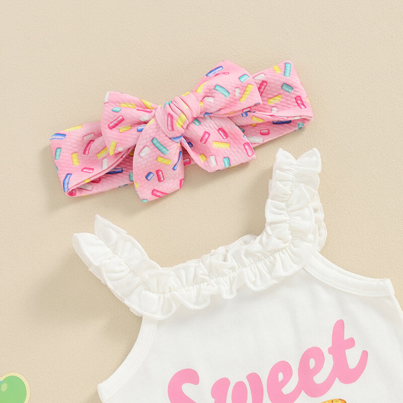 Newborn Baby Girl 1st Birthday Outfit Sleeveless Sweet One Romper Doughnut Shorts Headband 3Pcs Set