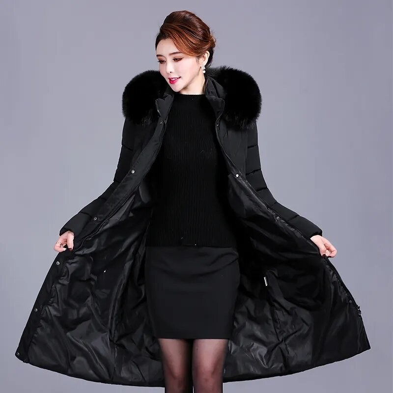 Algodão acolchoado longo com capuz Fur Collar Parkas para mulheres, jaqueta de inverno, casaco de meia-idade, roupas femininas, novo, XL-6XL, 2023
