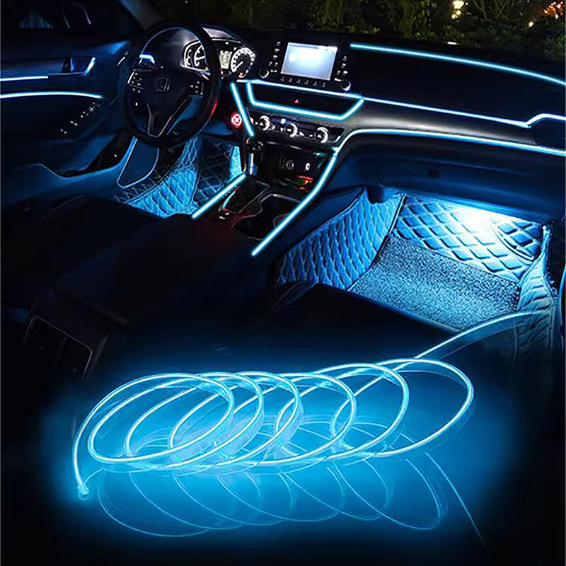Lampu Led Interior mobil, Strip Neon kabel EL untuk Auto DIY cahaya suasana fleksibel USB pesta suasana