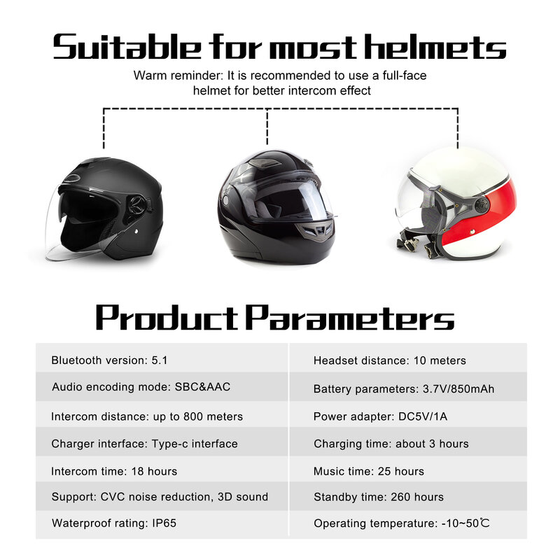 EJEAS V6 PRO+ Motorcycle Intercom Helmet Bluetooth Headset 6 Riders 800m Communicator V5.1 Music Player Walkie Talkie Waterproof