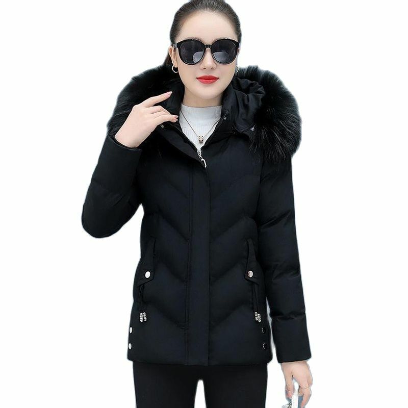 Fashion Down  2022 New Winter Women's Fur Collar Slim Short Cotton Coat Solid Color Loose Down  Trendy Women
