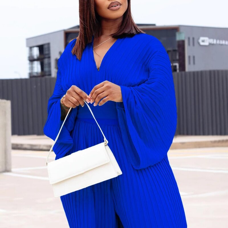 Pleated Women Tracksuit Solid See-through Pleated Batwing Crop Tops and Wide Leg Pants Two 2 Piece Set Fashion Outfit