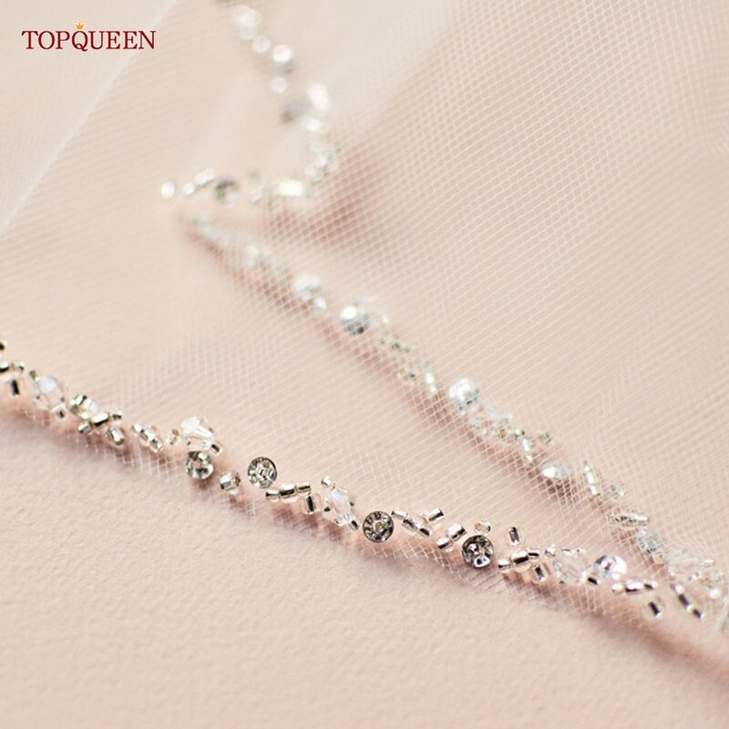 TOPQUEEN V155 Bridal Veil Rhinestone Edge Wedding Veils with Crystal Beaded Soft 1 Tier Accessories for Wedding Dress Silver