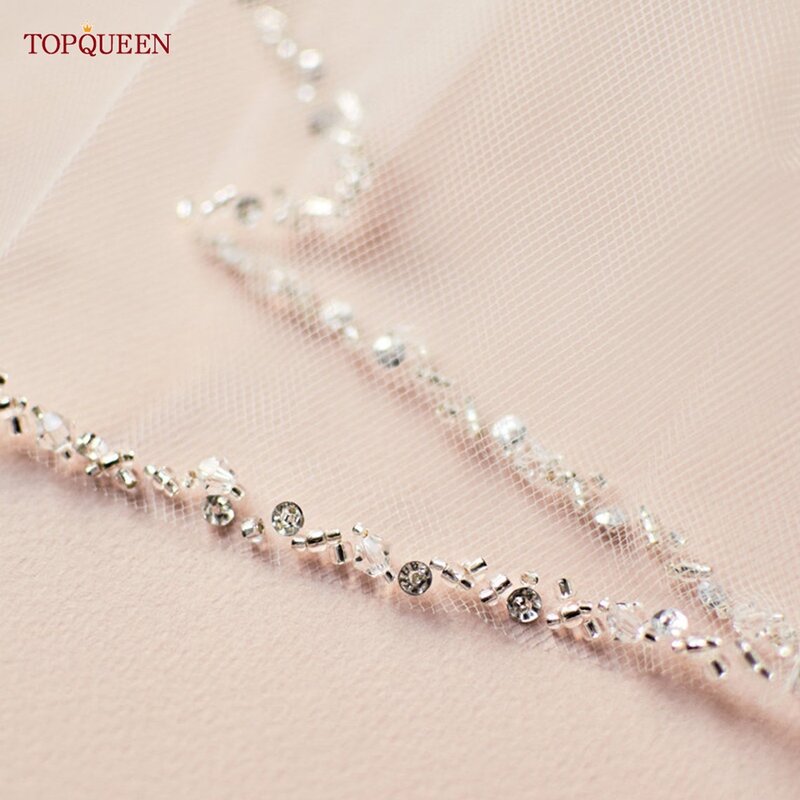 Topqueen V155 Bruidssluier Strass Edge Bruiloft Sluiers Met Crystal Kralen Zachte 1 Tier Accessoires Voor Trouwjurk Zilver