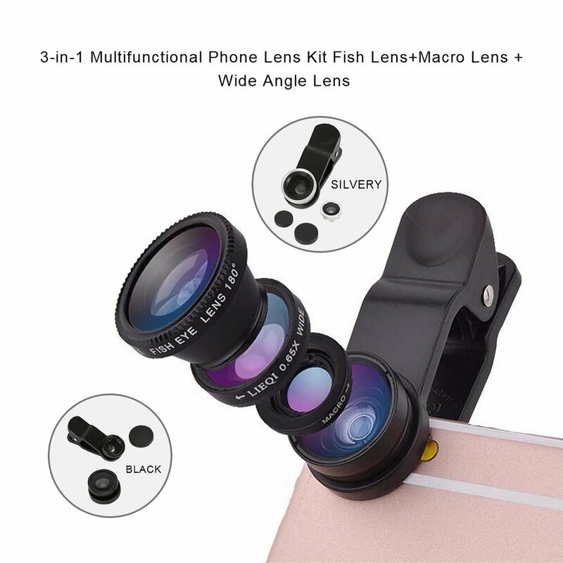 Kit de lentes de teléfono multifuncional 3 en 1, lente de teléfono de pez + lente Macro + lente gran angular, transforma la cámara del teléfono en cámara profesional