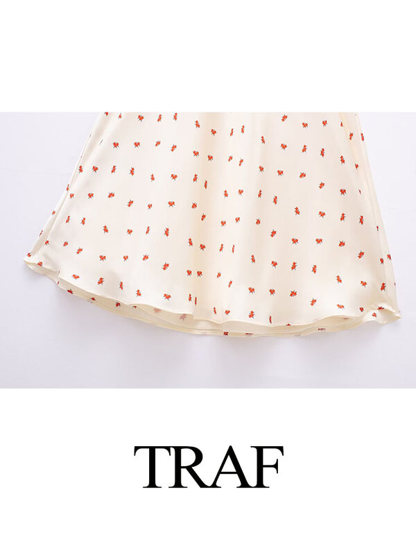 TRAF-Mini-vestido feminino sem encosto com cadarço, vestido fino feminino, estampa casual, sem mangas, gola quadrada, nova moda, verão