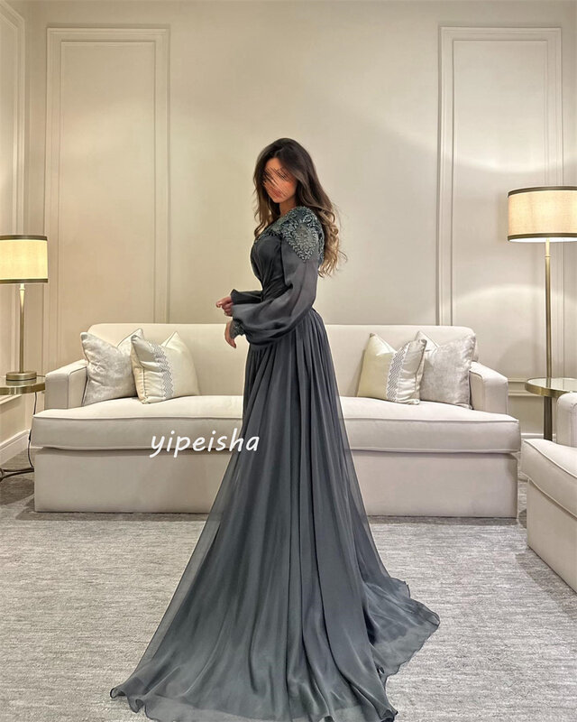 Prom Dress Evening Saudi Arabia Chiffon Sequined Beading Ruched Celebrity A-line V-neck Bespoke Occasion Gown Long Dresses