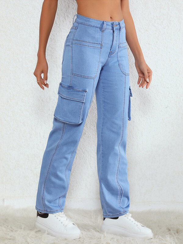 Benuynffy Vintage Jeans Met Hoge Taille, Amerikaanse Streetwear-Broek Met Rechte Pijpen En Meerdere Zakken, Casual Losse Cargobroek 2024
