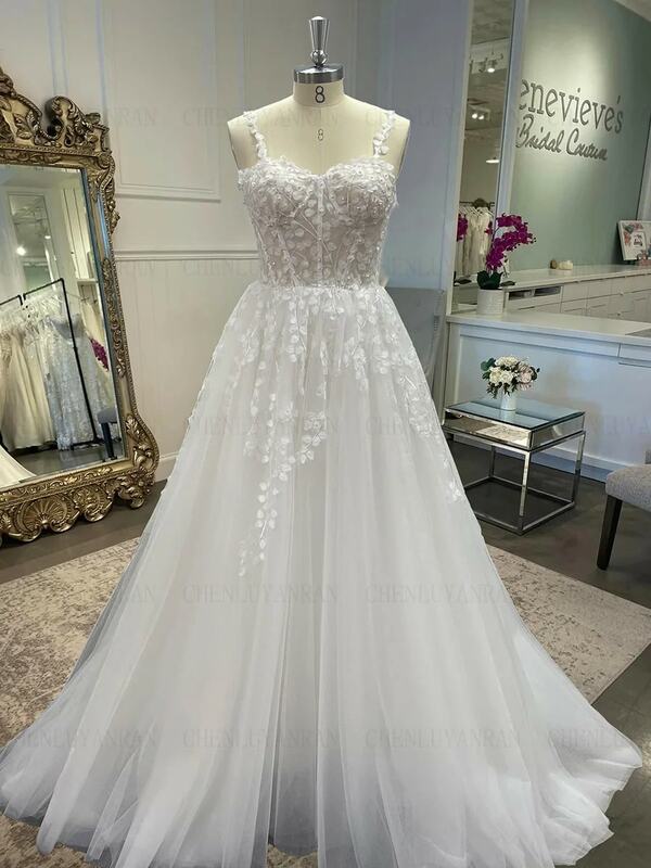 High Quality Wedding Dress For Bride Tulle Spaghetti Straps Lace Up Bride Gowns Civil Applique A-Line Sweep Train Robe De Mariée