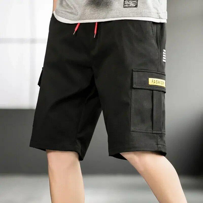 Pantalones cortos Cargo por encima de la rodilla para hombre, cintura elástica, color caqui, diseño elegante, anchos, envío gratis, cómodos, Verano