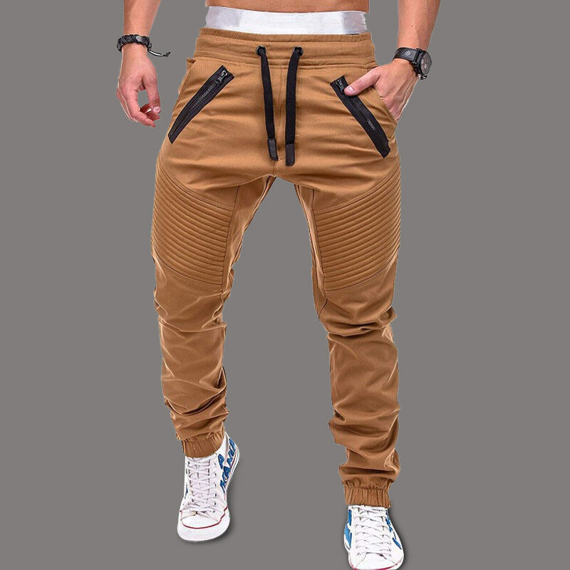 2024 men's new casual fashion tether elastic sports pants double zipper striped toe pants overalls