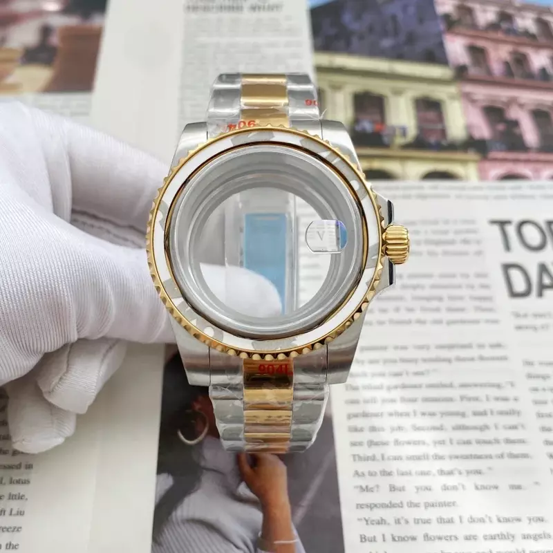 Caja de reloj dorado de dos tonos NH35 de 40mm, banda de acero, espejo de cristal de zafiro, piezas modificadas para movimiento SUB GMT Water Ghost NH36