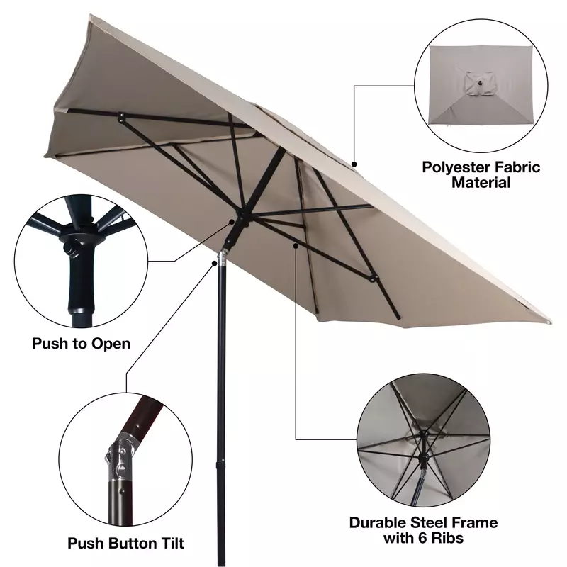 Paraguas de mercado Rectangular, sombrilla de 6x7,5 pies, para patio al aire libre, color tostado