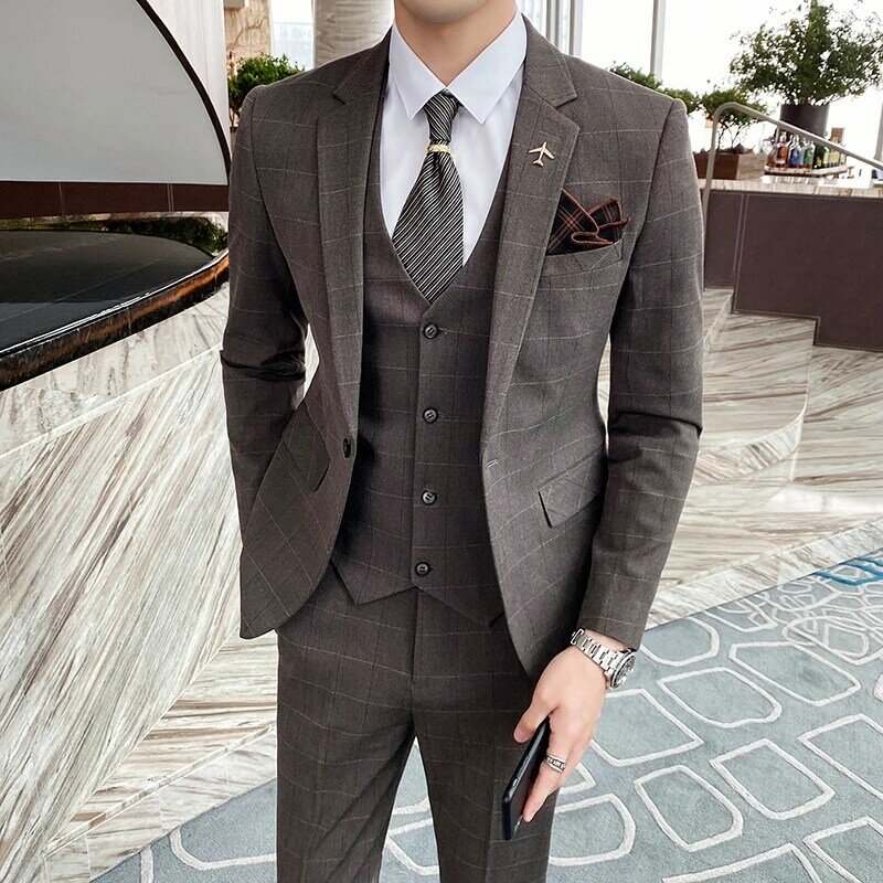 (Jaqueta + colete + calças) xadrez britânica terno masculino jaqueta terno terno masculino magro smoking jaqueta calças formal jantar/noivo vestido de casamento
