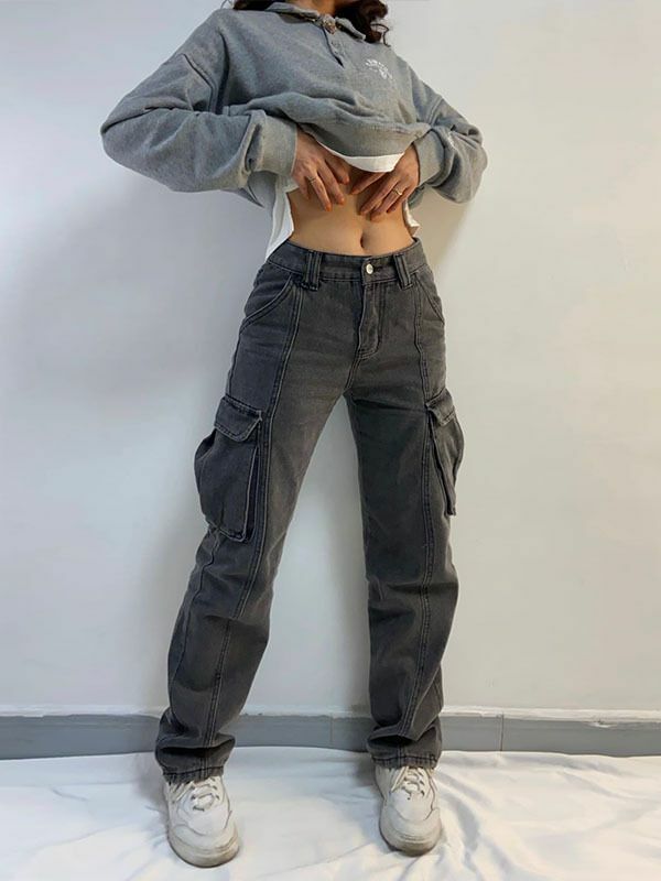 Pantalones vaqueros Cargo rectos para mujer, Jeans largos de cintura alta, con bolsillos y cremallera, estilo Retro, uso diario, novedad