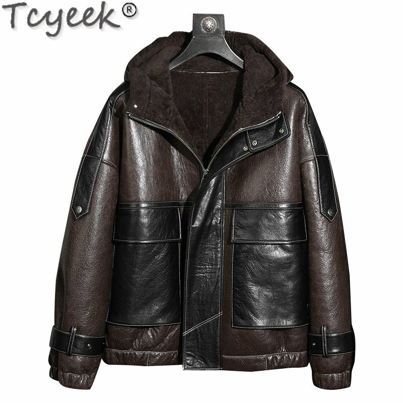 Tcyeek Hooded Natural Sheepskin Fur Jackets Man Short Loose Genuine Leather Jacket Men Clothes Winter Warm Real Fur Coat New
