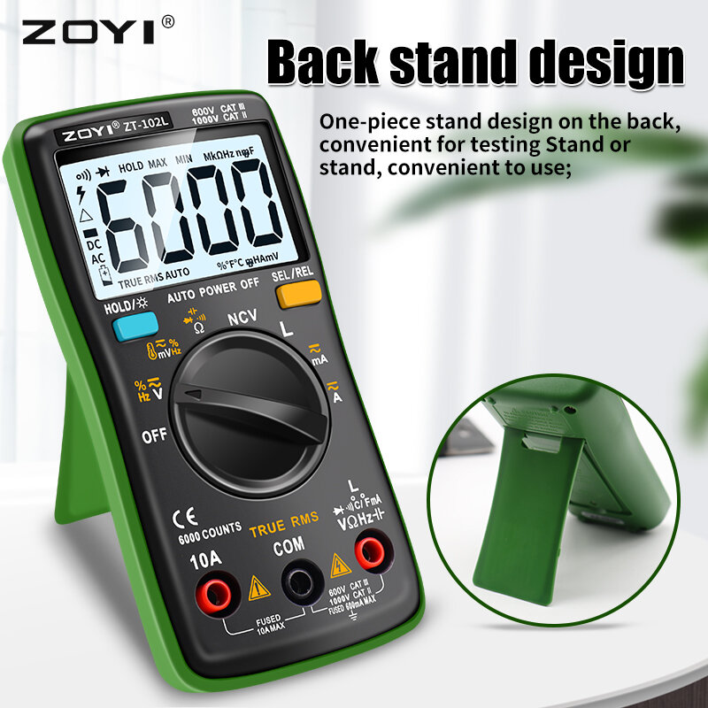 ZOYI-ZT102L Multímetro digital, Alcance Automático, Luz de fundo, AC, Amperímetro DC, Volt, Ohm Tester, Medidor portátil, 6000 contagens, Novo