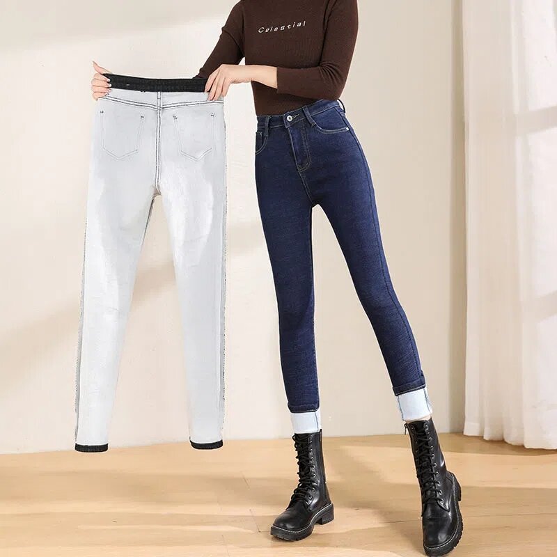 Grube zimowe aksamitne dżinsy rurki koreański moda kobiety solidne obcisłe spodnie dżinsowe ponadgabarytowe podszyty polarem wysokiej talii spodnie rozciągliwe