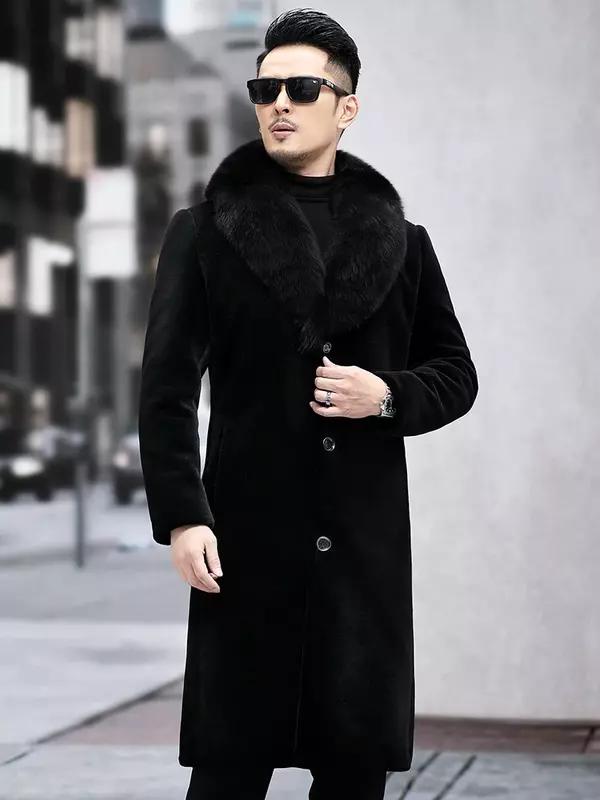 Зимнее пальто из овечьего меха, мужская пуховая куртка с воротником из 2023 лисьего меха, Длинная модель пальто и куртки для мужчин, высококачественная одежда