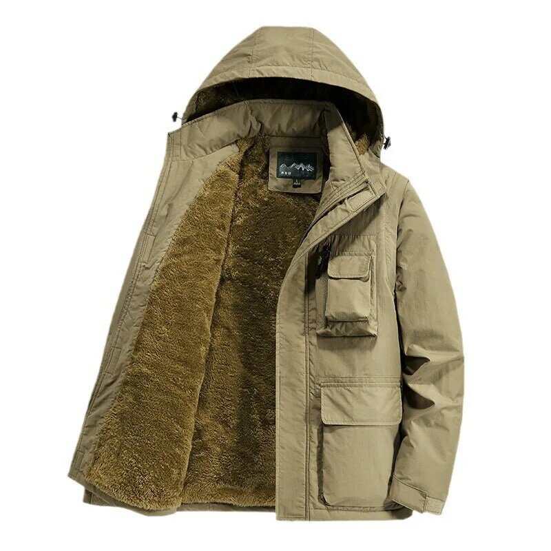 Jaket bertudung kasual pria, pakaian bulu domba parka hangat luar ruangan musim dingin Multi saku