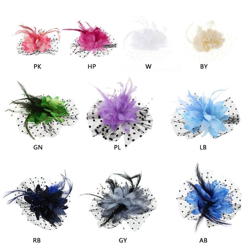 652F Hair Accessories Fashion Sexy Women Mesh Fascinator Cocktail Tea Party Hat Wedding Church Hair Clip with Feather Flower