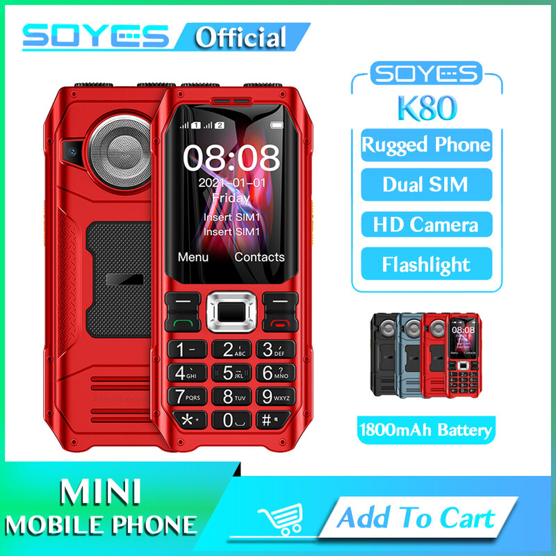 SOYES-Anti-queda do telefone móvel com alto-falante lanterna para Elder Cell, à prova de queda, Dual SIM Cards, MP3, FM, K80 GSM, 2G, 1800mAh