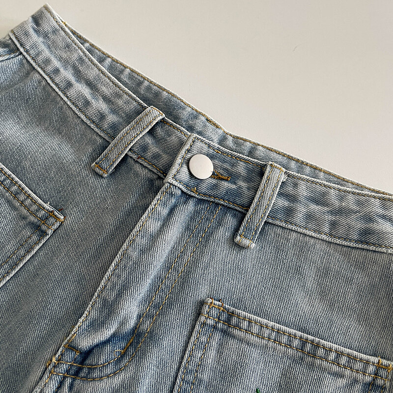 Shorts jeans azul vintage para mulheres, bordado chique, estampa floral, jeans curto, roupas femininas de verão, lazer versátil