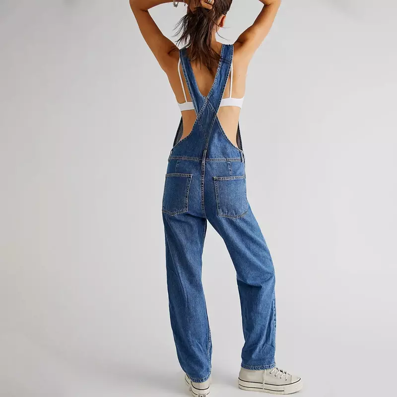 Macacão jeans azul feminino, roupa de trabalho casual, macacão jeans, tamanho grande, solto, slim fit, retrô, primavera e verão