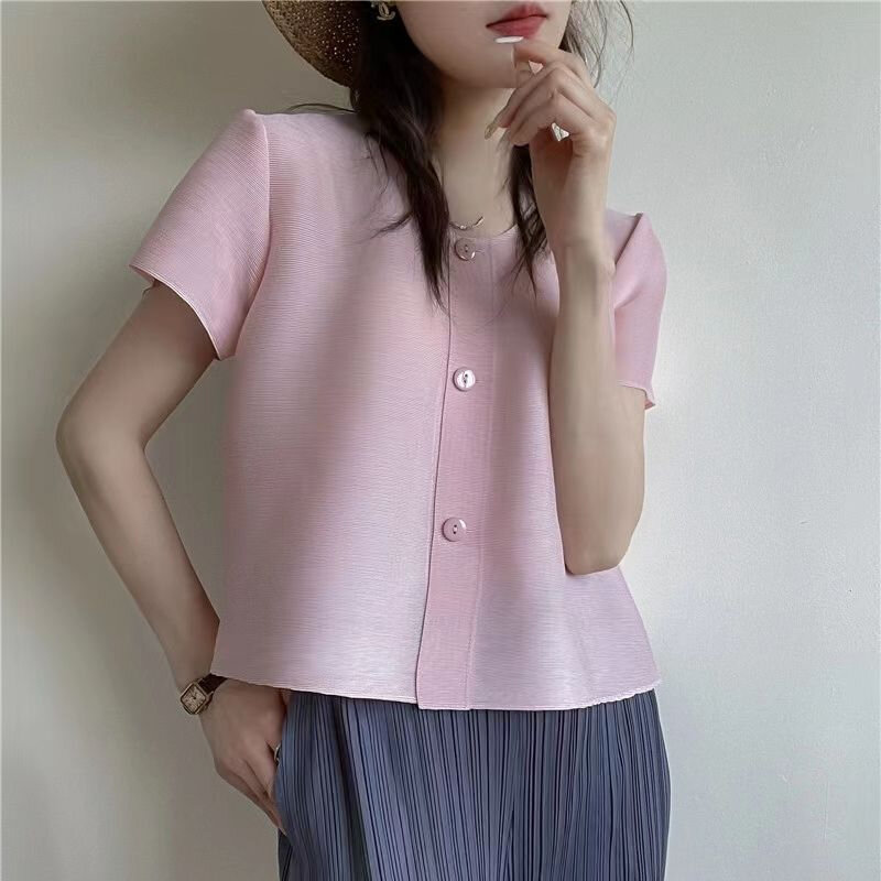 Summer New Solid Color Fashion Round Neck Shirt Women High Street Casual Loose Button Short Sleeve Cardigan Cute All-match Tops