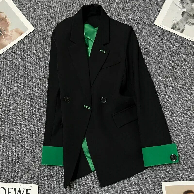 Zwart Groen Dames Pakken 1 Stuk Blazer Splicing Kleuren Formele Office Lady Business Werkkleding Mode Meisje Jas Prom Jurk