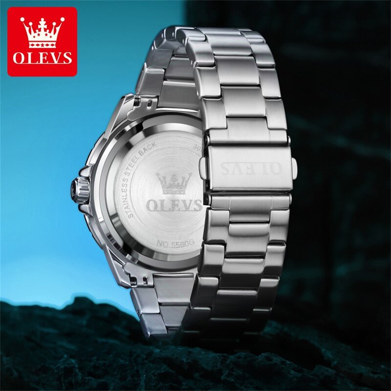 OLEVS นาฬิกาผู้ชายแบรนด์เดิมกันน้ำนาฬิกาควอตซ์ปฏิทินคู่สายสแตนเลสนาฬิกาข้อมือผู้ชายหรูหราเรืองแสง