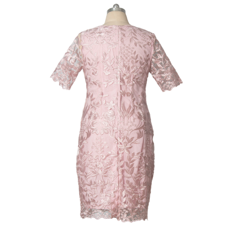 Sukienka Plus Size letnia nowa moda elegancka odmładzający z okrągłym dekoltem haftowana siatka z krótkim rękawem luźna spódnica trzy czwarte ślubna 5xl