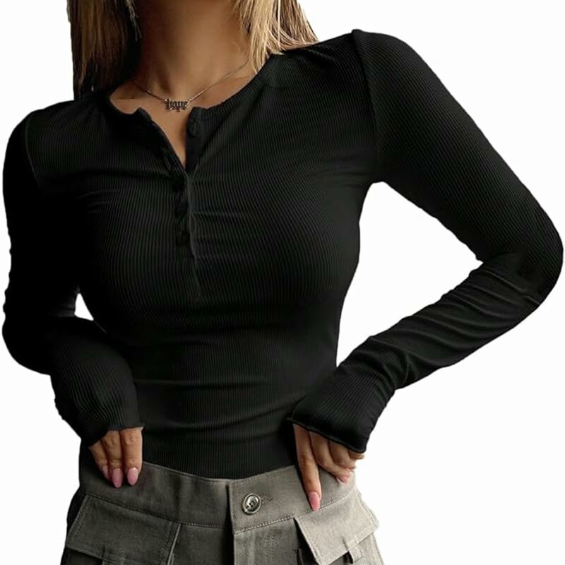 Tops elásticos para mujer, blusa con botones y cuello en V, Camiseta ajustada de manga larga, camiseta informal para mujer